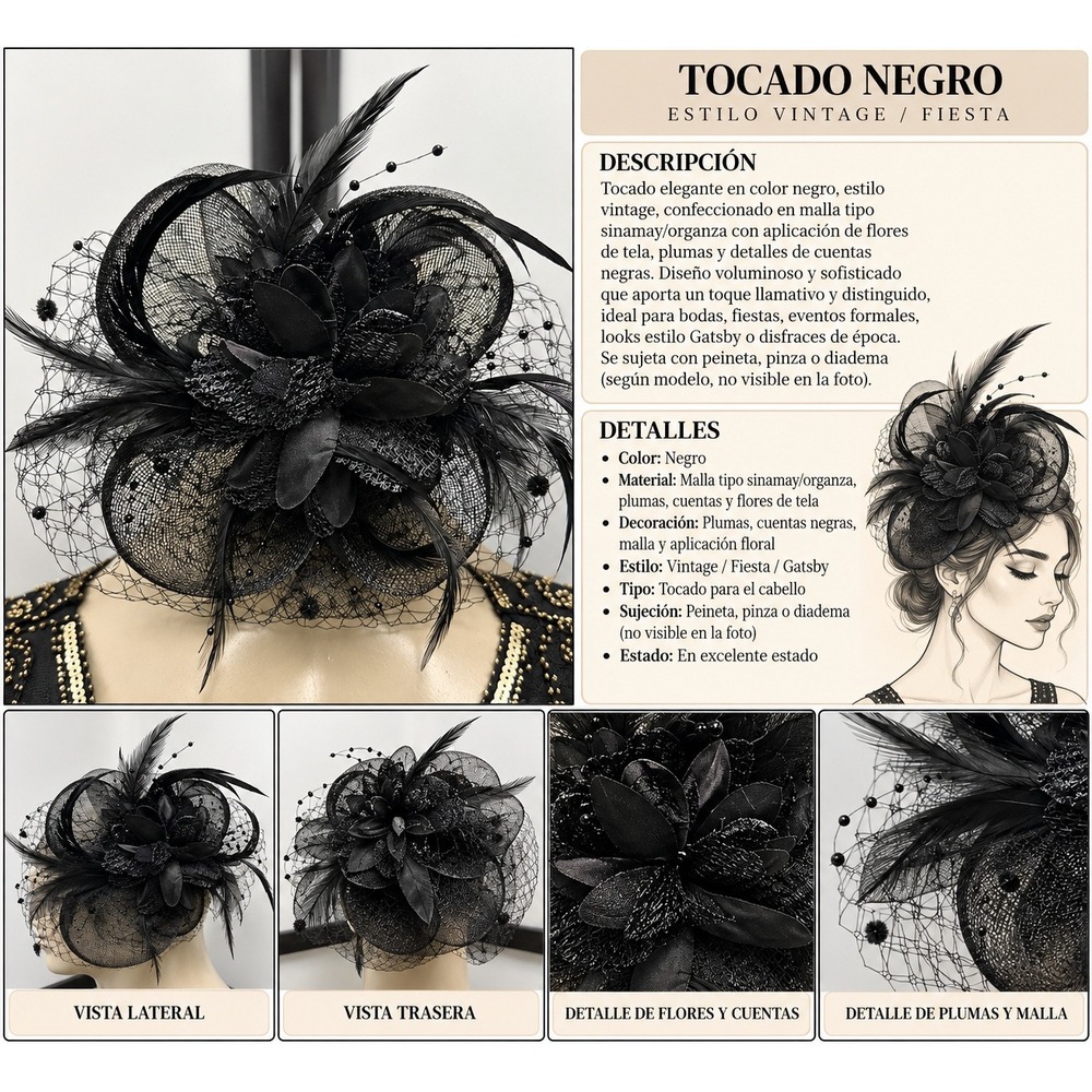 Tocado negro vintage y elegante, elaborado en malla tipo sinamay/organza